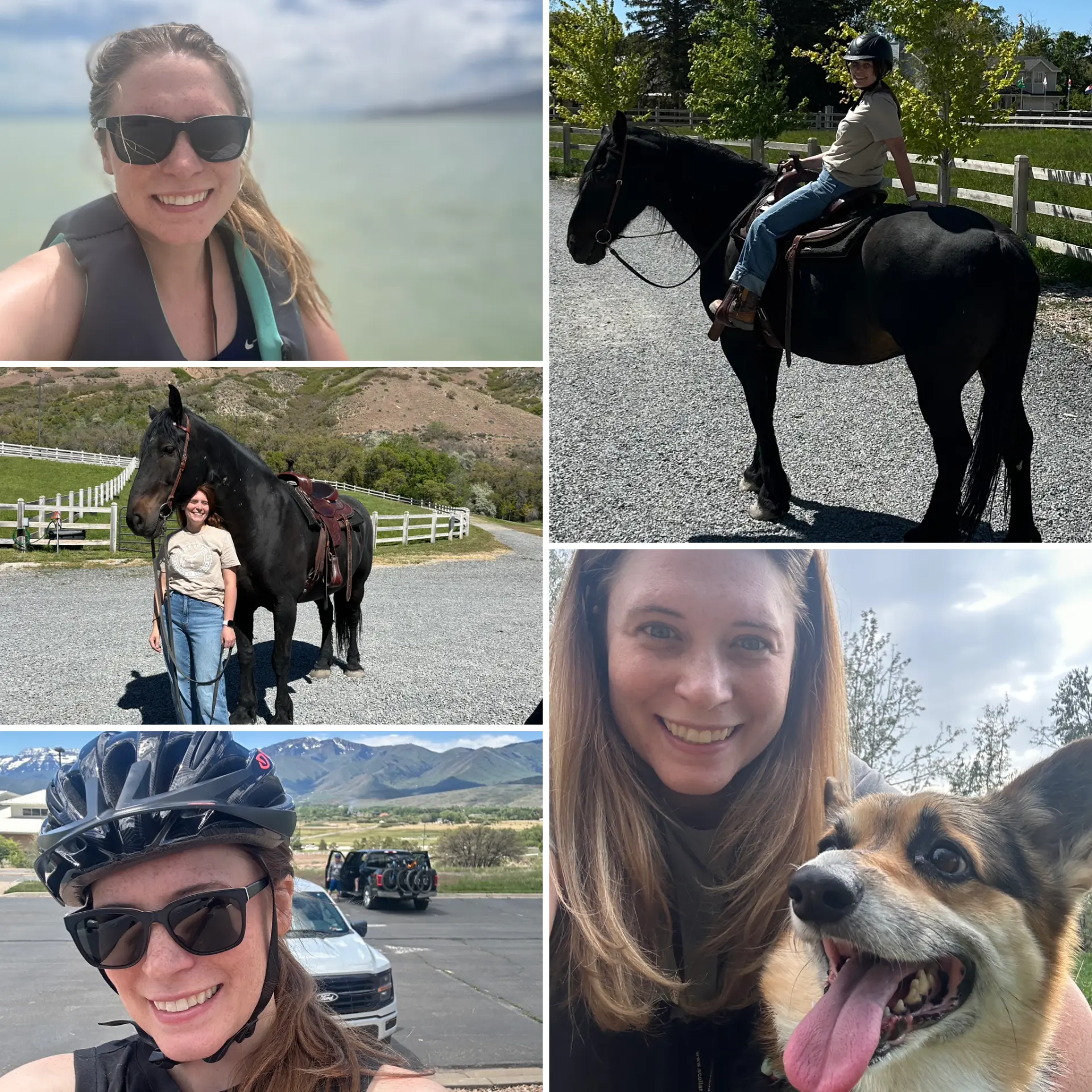 Collage of Kelly paddleboarding, with her horse, mountain biking, and with Dug her corgi